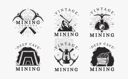 Téléchargez les illustrations : Ensemble de Vintage classique Mining logo vecteur sur fond blanc - en licence libre de droit