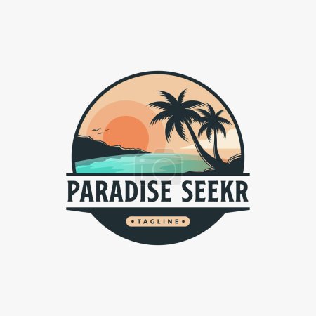 Foto de Insignia de viaje de aventura al aire libre emblema hermoso sol y playa logotipo vector ilustración plantilla - Imagen libre de derechos