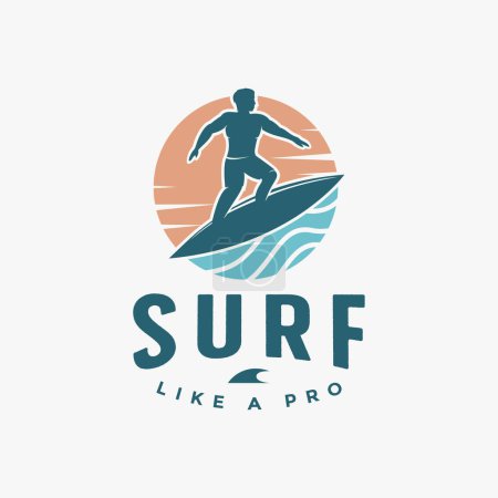 Foto de Diseño de la ilustración del vector del logotipo del oleaje del océano, sol del mar y diseño del logotipo del surfista - Imagen libre de derechos