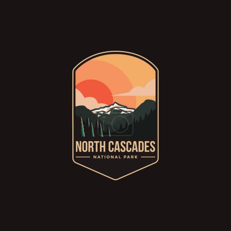 Ilustración del logotipo del parche de la etiqueta engomada del emblema del parque nacional de North Cascades en el fondo oscuro, la montaña y la insignia del vector forestal