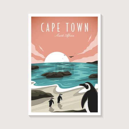 Téléchargez les illustrations : Vintage rétro pingouin africain sur Cape Town affiche de plage illustration de conception, affiche de plage de paysage marin - en licence libre de droit