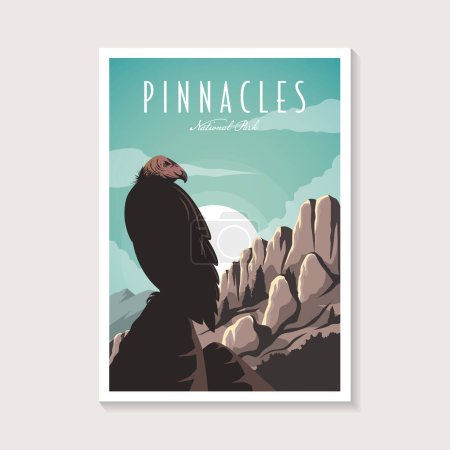 Illustration for Condor in Pinnacles National Park poster design illustration, Condor on the peak poster. - Royalty Free Image