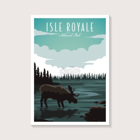 Téléchargez les illustrations : Illustration vectorielle de l'affiche du parc national de l'Île-Royale, affiche sur l'orignal et le lac - en licence libre de droit