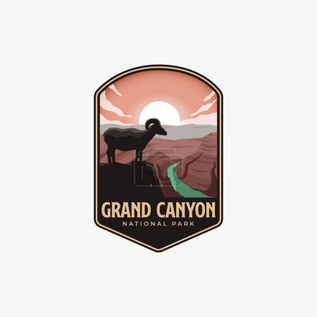 Illustration for Grand Canyon National Park Logo Patch design vector, Bighorn Sheep on the canyon peak emblem design - Royalty Free Image
