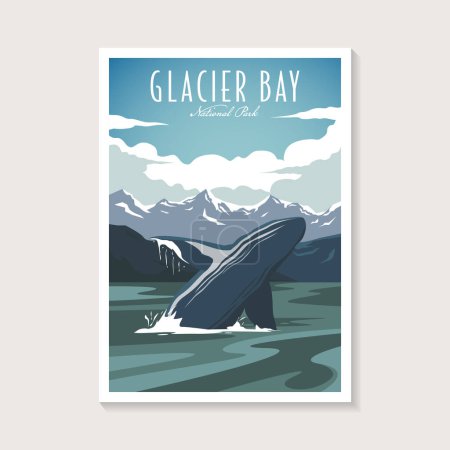 Ilustración de Ballena jorobada en el Parque Nacional Glacier Bay diseño de ilustración de póster, saltar cartel ballena jorobada - Imagen libre de derechos
