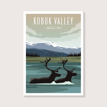 Illustration for Caribou on Kobuk Valley National Park poster vector illustration design, Caribou crossed the river poster design - Royalty Free Image