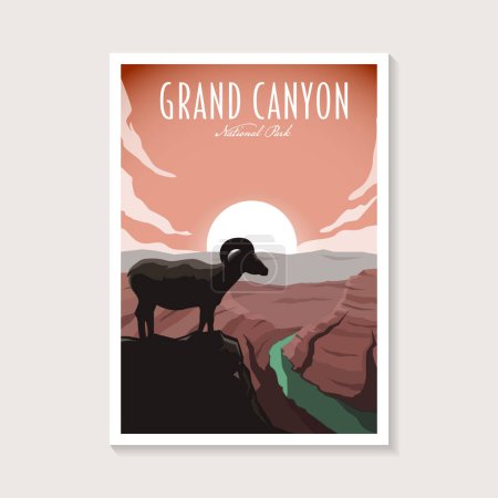 Illustration for Grand Canyon National Park Poster Illustration design, Bighorn Sheep on the peak of canyon design - Royalty Free Image