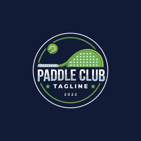 Foto de Emblema de la insignia Paddle Tennis club diseño del logotipo, raqueta de paleta y vector de bola sobre fondo oscuro - Imagen libre de derechos