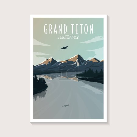 Ilustración de Grand Teton National Park poster illustration, Hermoso diseño de póster de paisaje de río de montaña - Imagen libre de derechos