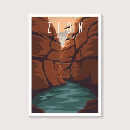 Ilustración de Diseño de ilustración del vector de póster del Parque Nacional Zion, diseño de póster de cañón y río - Imagen libre de derechos