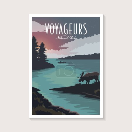 Illustration for Voyageurs National Park poster illustration, Beautiful lake scenery and the moose poster design - Royalty Free Image