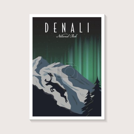 Ilustración de Denali National Park poster illustration, beautiful aurora on the mountain scenery poster design - Imagen libre de derechos