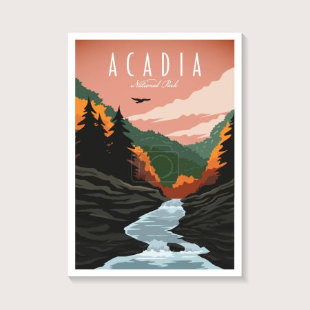 Illustration pour Illustration vectorielle d'affiche du parc national Acadia, magnifique affiche de paysage de vallée de la rivière - image libre de droit