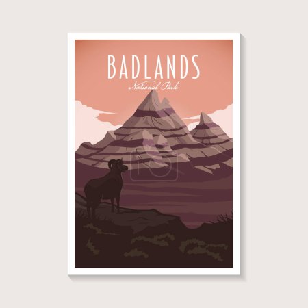 Téléchargez les illustrations : Illustration d'affiche du parc national des Badlands, grande chèvre de mouton de corne sur la conception d'affiche de paysage de montagne - en licence libre de droit