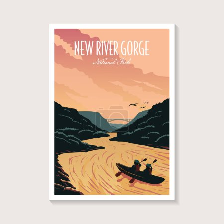Illustration for New River Gorge National Park poster illustration, river kayak scenery poster design - Royalty Free Image