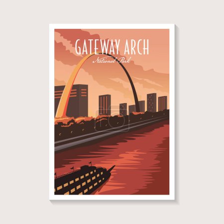 Ilustración de Ilustración del póster del Parque Nacional Gateway Arch, hermoso diseño de póster de paisaje de ciudad de río grande - Imagen libre de derechos