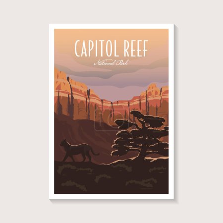 Téléchargez les illustrations : Illustration de l'affiche du parc national Capitol Reef, conception de l'affiche du paysage du canyon du lion de montagne - en licence libre de droit