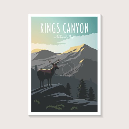 Ilustración de Ilustración de póster del Parque Nacional Kings Canyon, diseño de póster de paisajes de pico de montaña de ciervos - Imagen libre de derechos