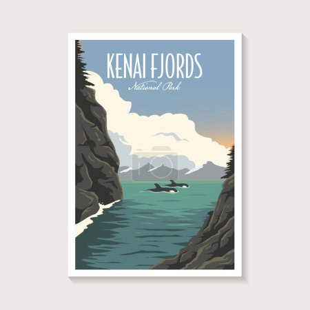 Ilustración de Cartel del Parque Nacional de los Fiordos de Kenai ilustración, orcas y paisajes marinos diseño de carteles - Imagen libre de derechos