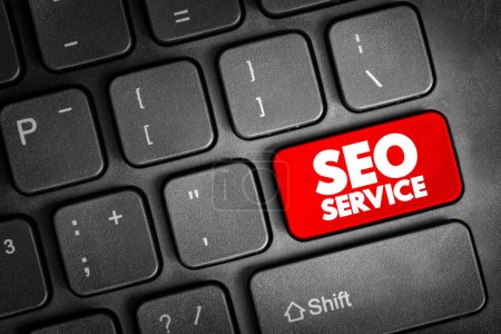 SEO Service - digitaler Marketing-Service, der Rankings in Suchergebnissen nach Schlüsselwörtern verbessert, Text-Taste auf der Tastatur