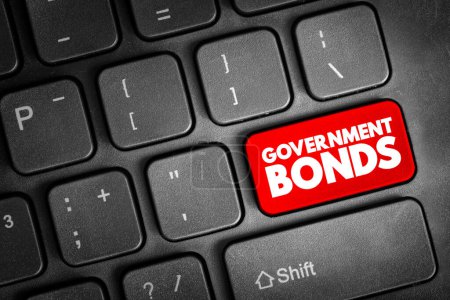 Bonos gubernamentales - obligación de deuda emitida por un gobierno nacional para apoyar el gasto público, botón de concepto de texto en el teclado