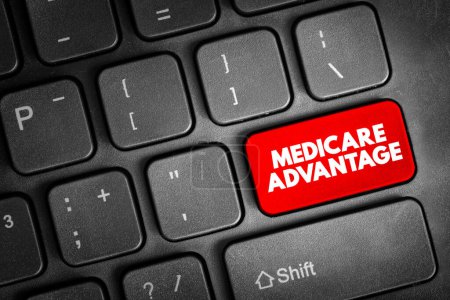 Medicare Advantage - type of health insurance plan that provides Medicare benefits through a private-sector health insurer text button on keyboard, concept background