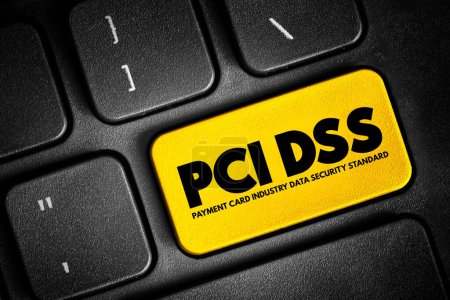 Foto de PCI DSS - acrónimo estándar de seguridad de datos de la industria de tarjetas de pago, botón de concepto de seguridad informática en el teclado - Imagen libre de derechos