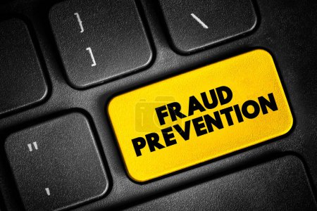 Foto de Fraud prevention - implementation of a strategy to detect fraudulent transactions and prevent these actions from causing financial damage, text concept button on keyboard - Imagen libre de derechos