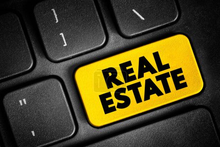 Photo for Real estate - form of real property, land along with any permanent improvements attached to the land, including water, trees, minerals, buildings, homes, fences, and bridges, text button on keyboard - Royalty Free Image