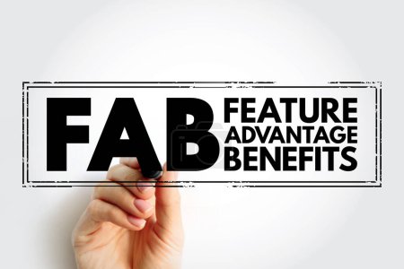 FAB Característica Ventaja Beneficios - rasgos del producto, mientras que la ventaja describe lo que hace el producto o servicio, sello de concepto de texto acrónimo