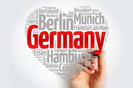 Photo for List of cities and towns in Germany composed in love sign heart shape, word cloud collage, business and travel concept background - Royalty Free Image