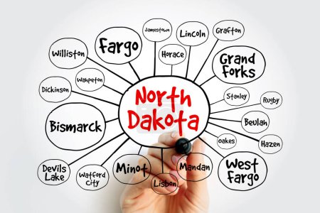 Téléchargez les photos : Liste des villes du Dakota du Nord États-Unis mind map, concept for presentations and reports - en image libre de droit