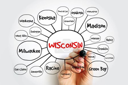 Lista de ciudades en Wisconsin Estados Unidos mapa mental, concepto para presentaciones e informes