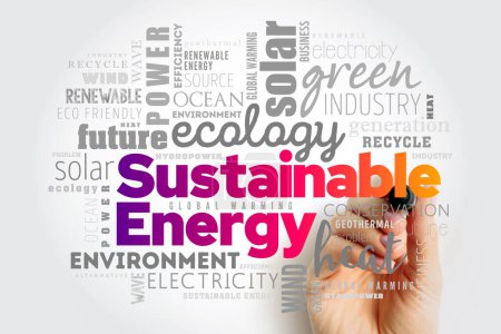 Photo for Sustainable Energy - such as wind and solar energy, creates zero carbon emissions, word cloud concept background - Royalty Free Image