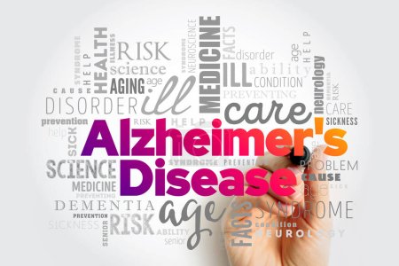 Alzheimer ist eine neurodegenerative Erkrankung, die normalerweise langsam beginnt und sich immer weiter verschlimmert, Word Cloud Concept Hintergrund