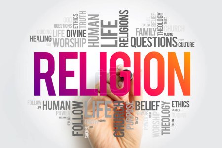 Foto de Religión palabra nube collage, fondo concepto social - Imagen libre de derechos