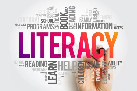 Literacy word cloud collage, education concept background