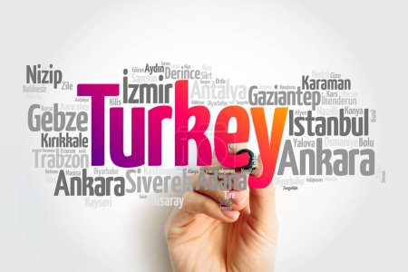 Téléchargez les photos : Liste des villes en Turquie, map silhouette word cloud, business and travel concept background - en image libre de droit