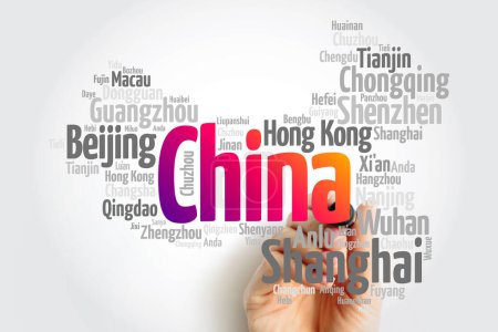 Photo for List of cities and towns in CHINA, map word cloud, business and travel concept background - Royalty Free Image