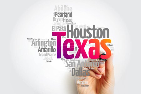 Foto de Lista de ciudades en Texas, EE.UU. mapa de nubes de palabras estatales, antecedentes conceptuales - Imagen libre de derechos