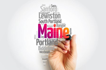 Foto de Lista de ciudades en el estado de Maine, Estados Unidos, mapa silueta palabra nube mapa concepto - Imagen libre de derechos