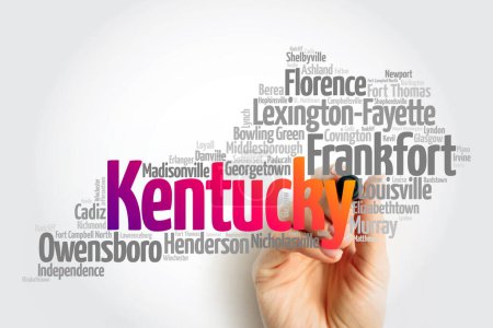 Foto de Lista de ciudades en el estado de Kentucky, EE.UU. mapa silueta palabra nube mapa concepto - Imagen libre de derechos