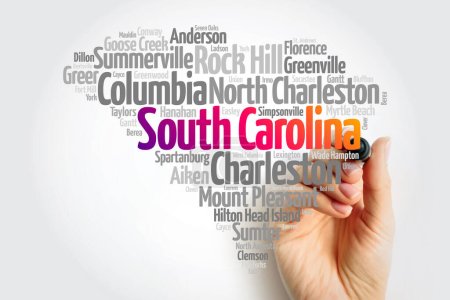 Lista de ciudades en el estado de Carolina del Sur EE.UU., mapa silueta palabra nube, mapa concepto fondo