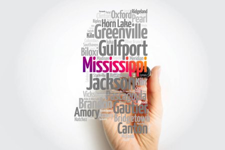 Téléchargez les photos : Liste des villes en Mississippi Etats-Unis state, map silhouette word cloud map concept - en image libre de droit