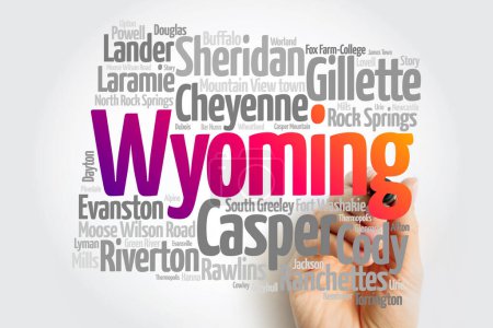 Photo for List of cities in Wyoming USA state, silhouette map word cloud - Royalty Free Image