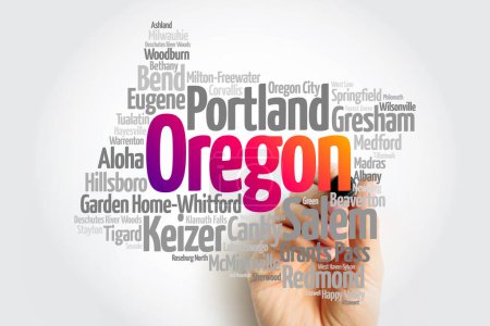 Téléchargez les photos : Liste des villes de Oregon Etats-Unis state, map silhouette word cloud, map concept background - en image libre de droit