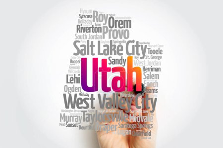 Téléchargez les photos : Liste des villes de Utah Etats-Unis state, map silhouette word cloud, map concept background - en image libre de droit