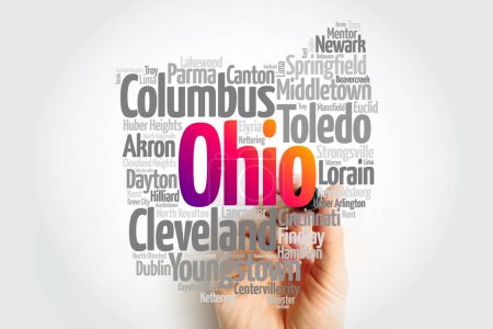 Foto de Lista de ciudades en Ohio, Estados Unidos, mapa silueta palabra nube, mapa concepto fondo - Imagen libre de derechos
