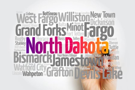 Téléchargez les photos : Liste des villes du Dakota du Nord Etats-Unis state, map silhouette word cloud, map concept background - en image libre de droit