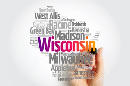 Foto de Lista de ciudades en Wisconsin, Estados Unidos, mapa silueta palabra nube, mapa concepto fondo - Imagen libre de derechos
